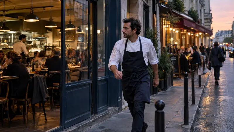 À la tombée du jour, le dirigeant marche d'un restaurant à l'autre