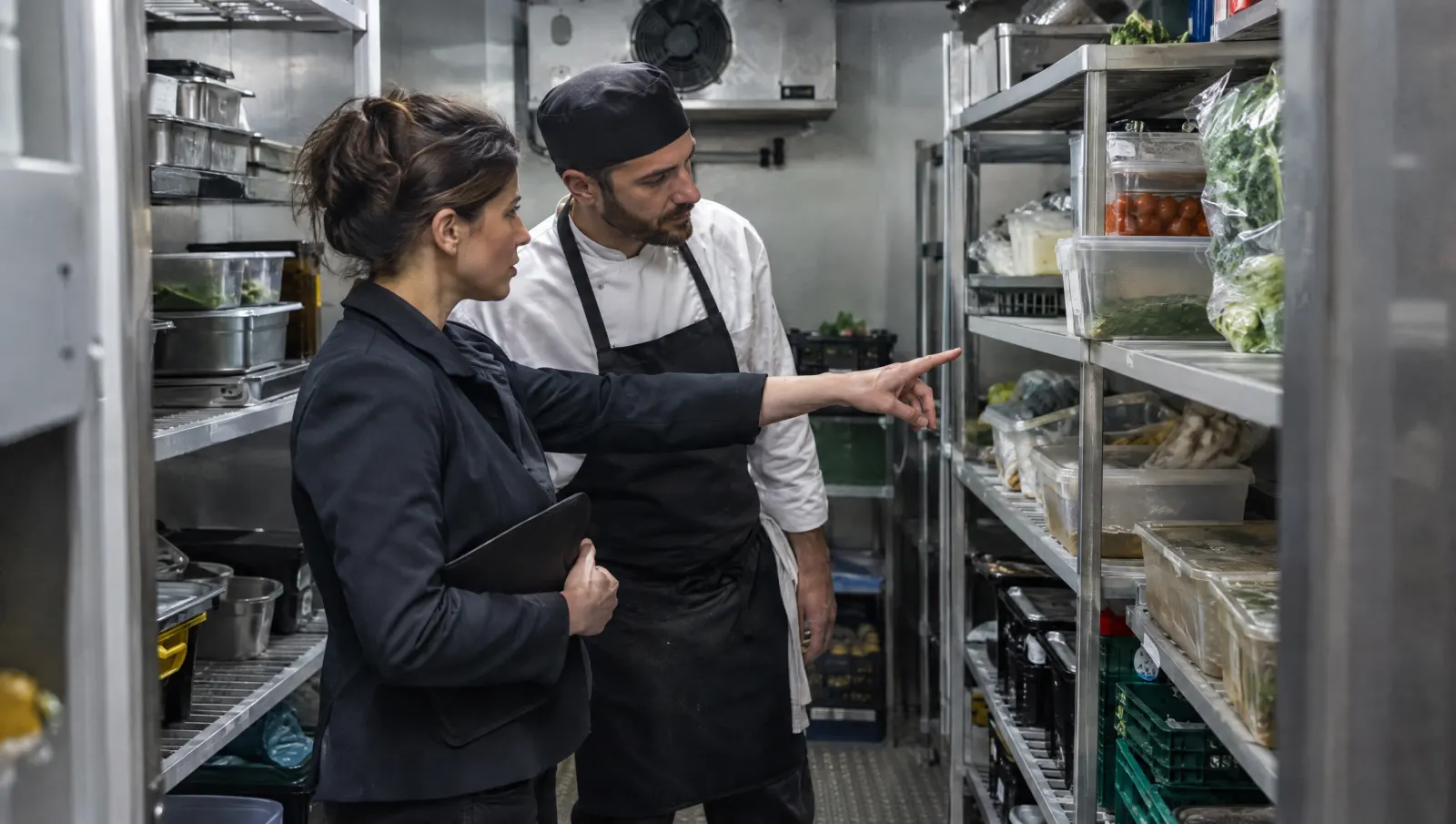 En chambre froide, la manager et un cuisinier décident ensemble de ce qu'il faut corriger