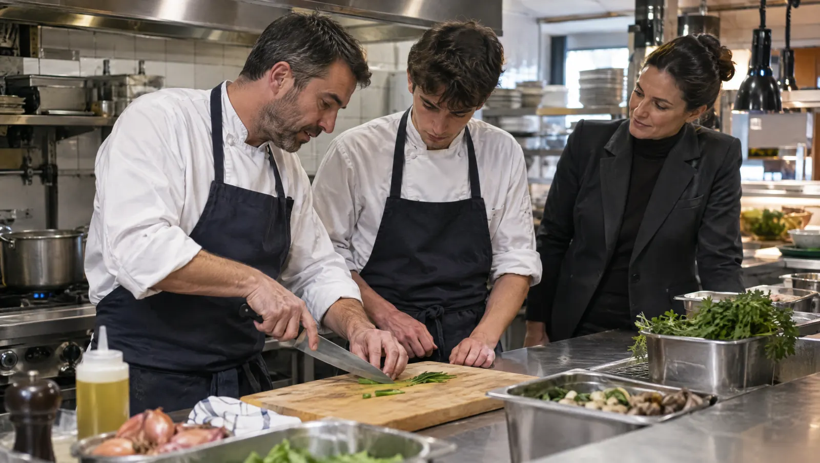 Un cuisinier expérimenté montre un geste de coupe à un collègue, la manager observe