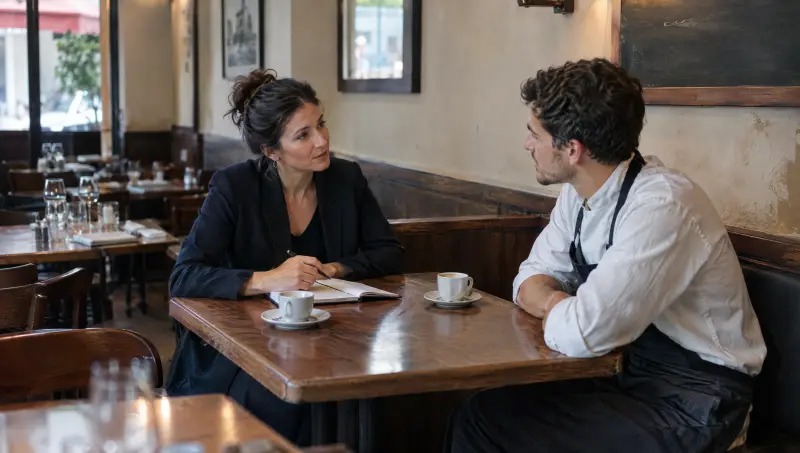 Dans la salle vide, une manager et un salarié échangent autour d'un café et d'un carnet