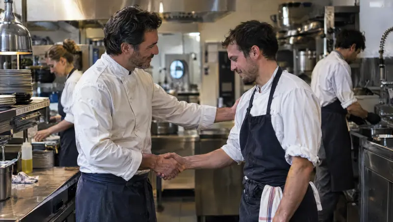Après le service, le chef remercie un cuisinier d'une poignée de main sincère