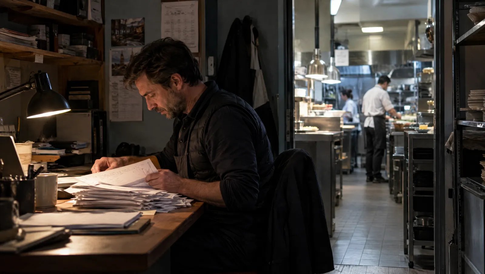 Le soir, dans le bureau du restaurant, le dirigeant relit une pile de factures fournisseurs