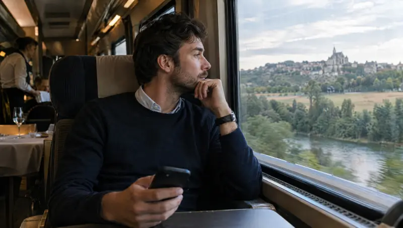 En déplacement, le dirigeant regarde par la fenêtre, téléphone en main