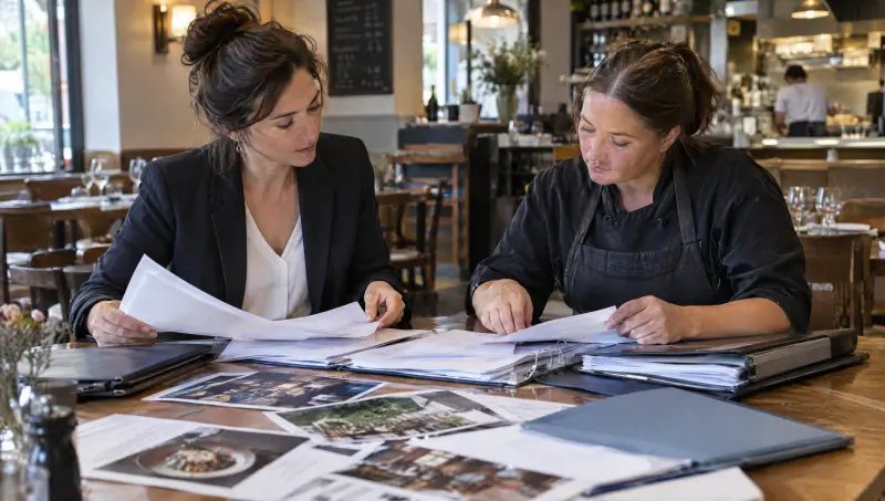 Une consultante et la manager trient ensemble les documents papier du restaurant
