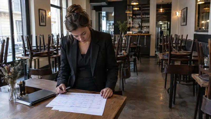 Avant l'ouverture, une manager relit le planning de la semaine corrigé à la main