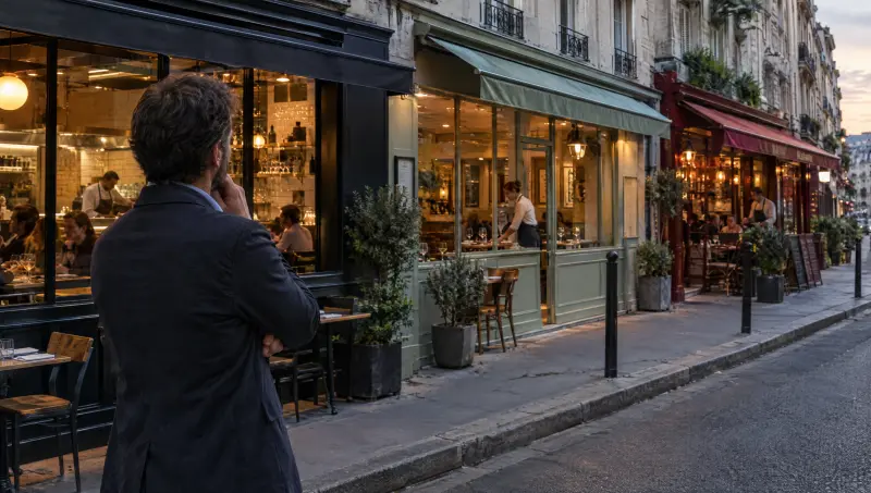 Sur le trottoir, le dirigeant regarde ses enseignes alignées le long de la rue