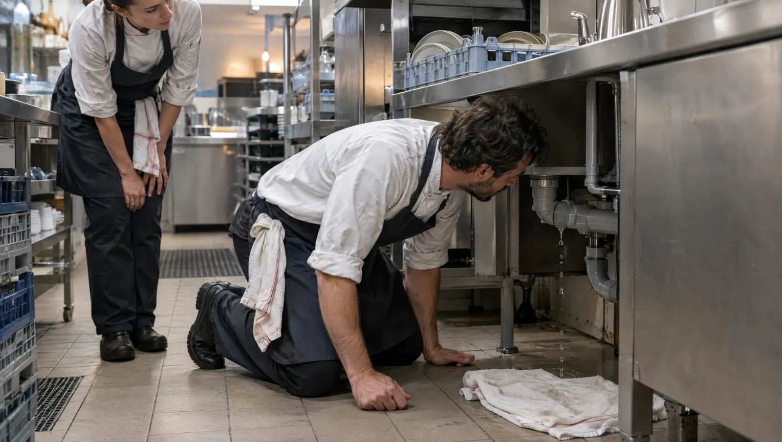 Un cuisinier constate à nouveau une fuite sous le poste de plonge