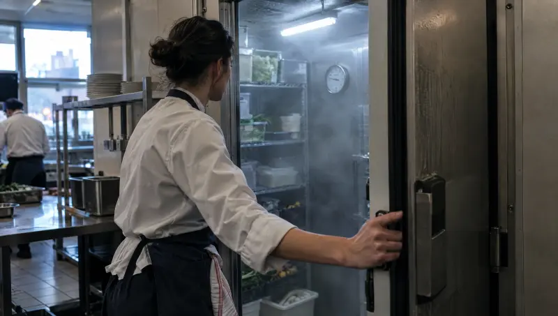Une main ouvre la porte de la chambre froide pour le relevé du matin