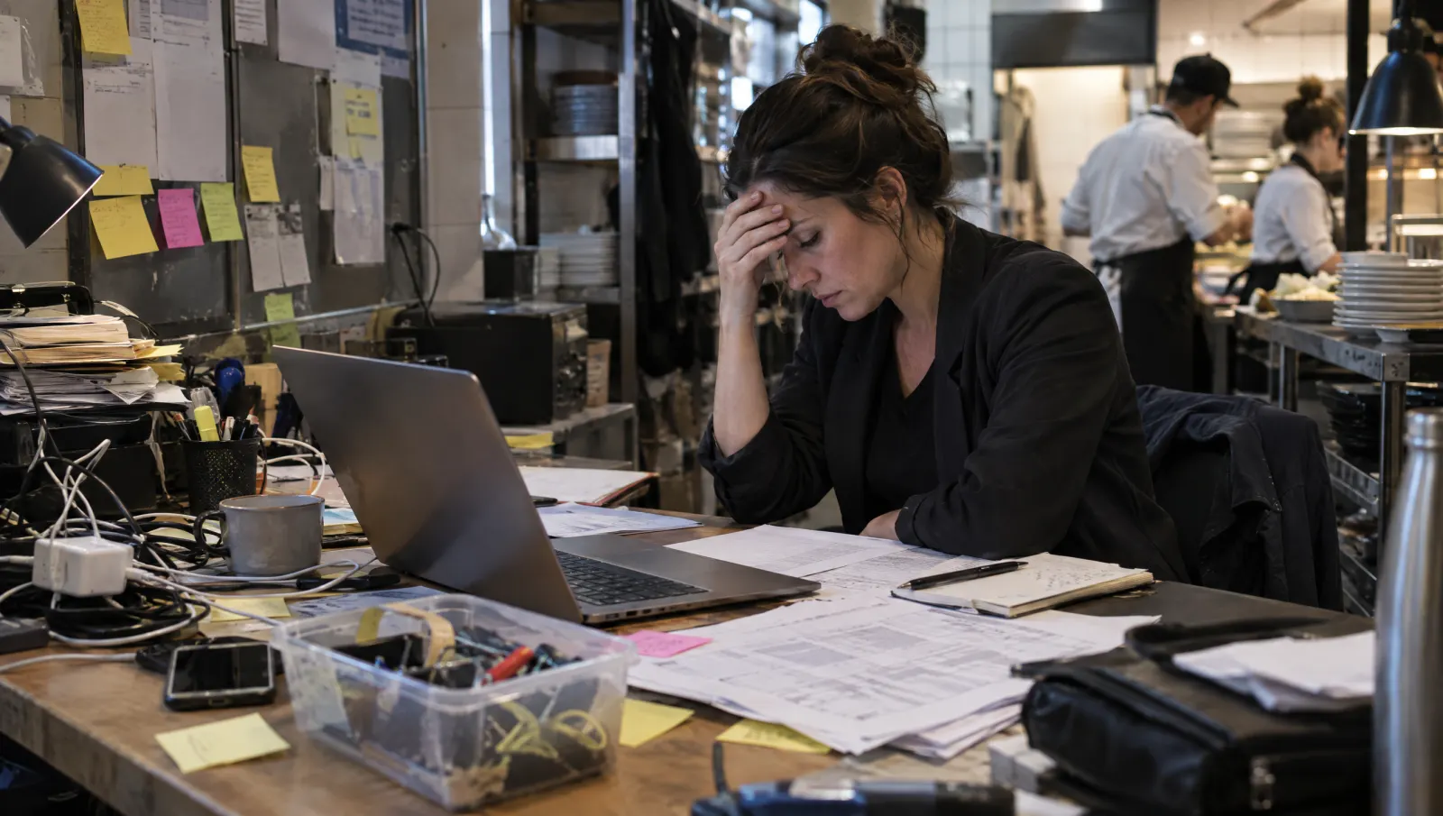 Un bureau encombré de notes et de câbles, la manager se frotte le front