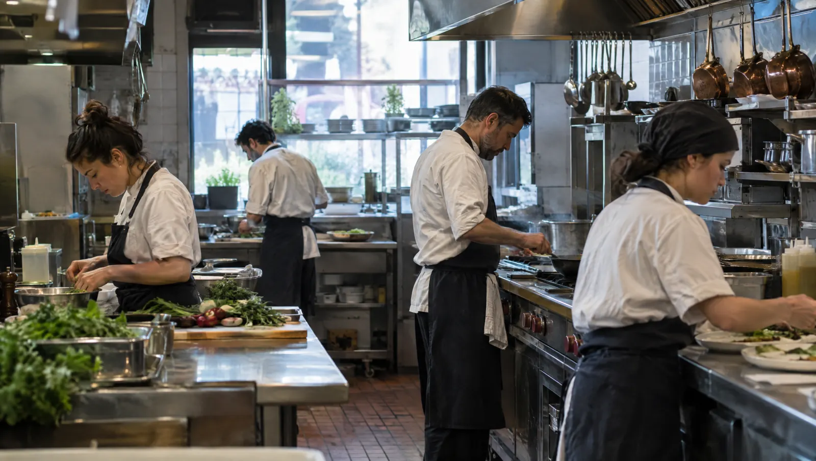 Une brigade travaille calmement pendant la mise en place, vue à hauteur d'homme