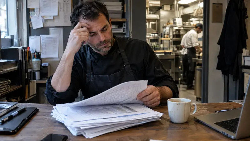 Dans le bureau, le dirigeant feuillette une pile de rapports hebdomadaires