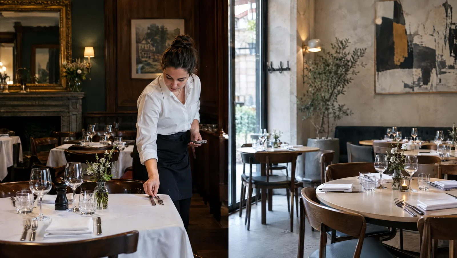 Une serveuse dresse une table selon le standard du groupe, dans un décor propre au lieu