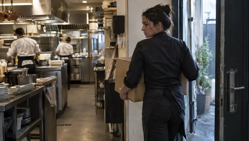 En fin de journée, une manager quitte le restaurant un carton dans les bras