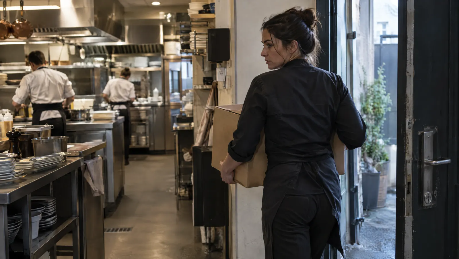 En fin de journée, une manager quitte le restaurant un carton dans les bras