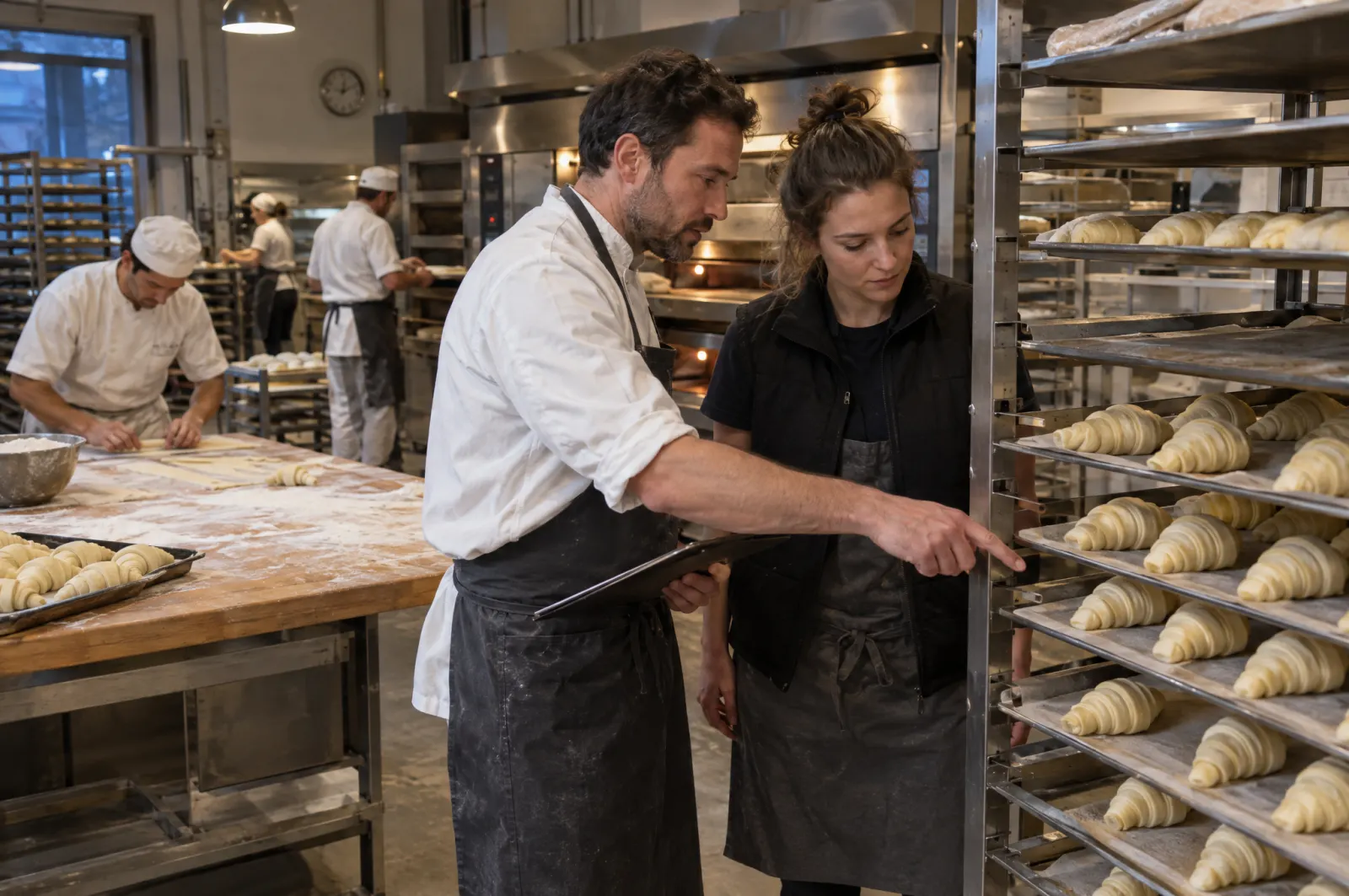 Au fournil, à l’aube, la personne responsable de production et une personne de la boutique relisent un standard