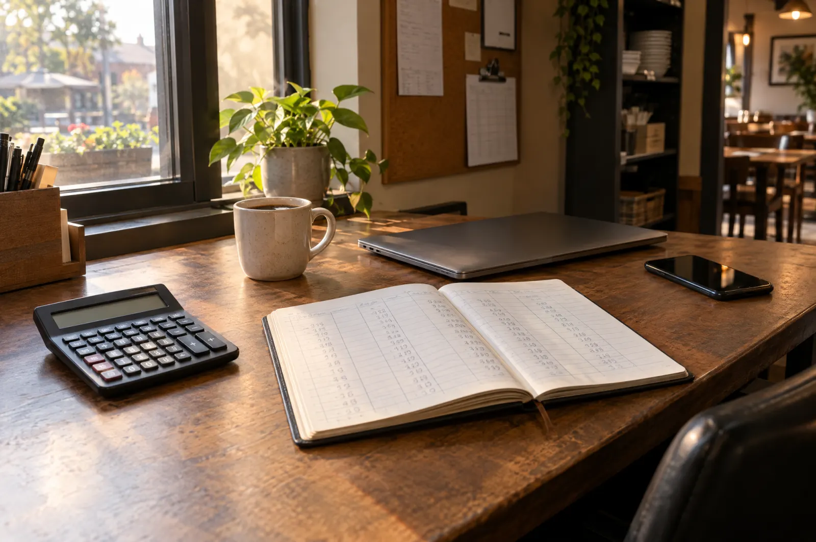Bureau du gérant le matin : calculatrice, carnet et café.