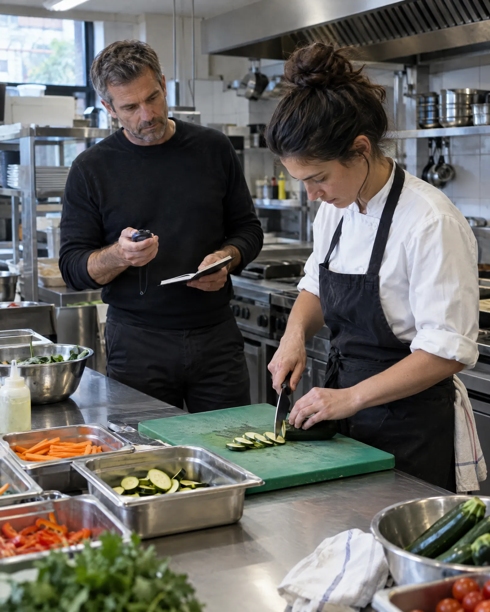 Une personne chronomètre une tâche de mise en place en cuisine, carnet à la main.
