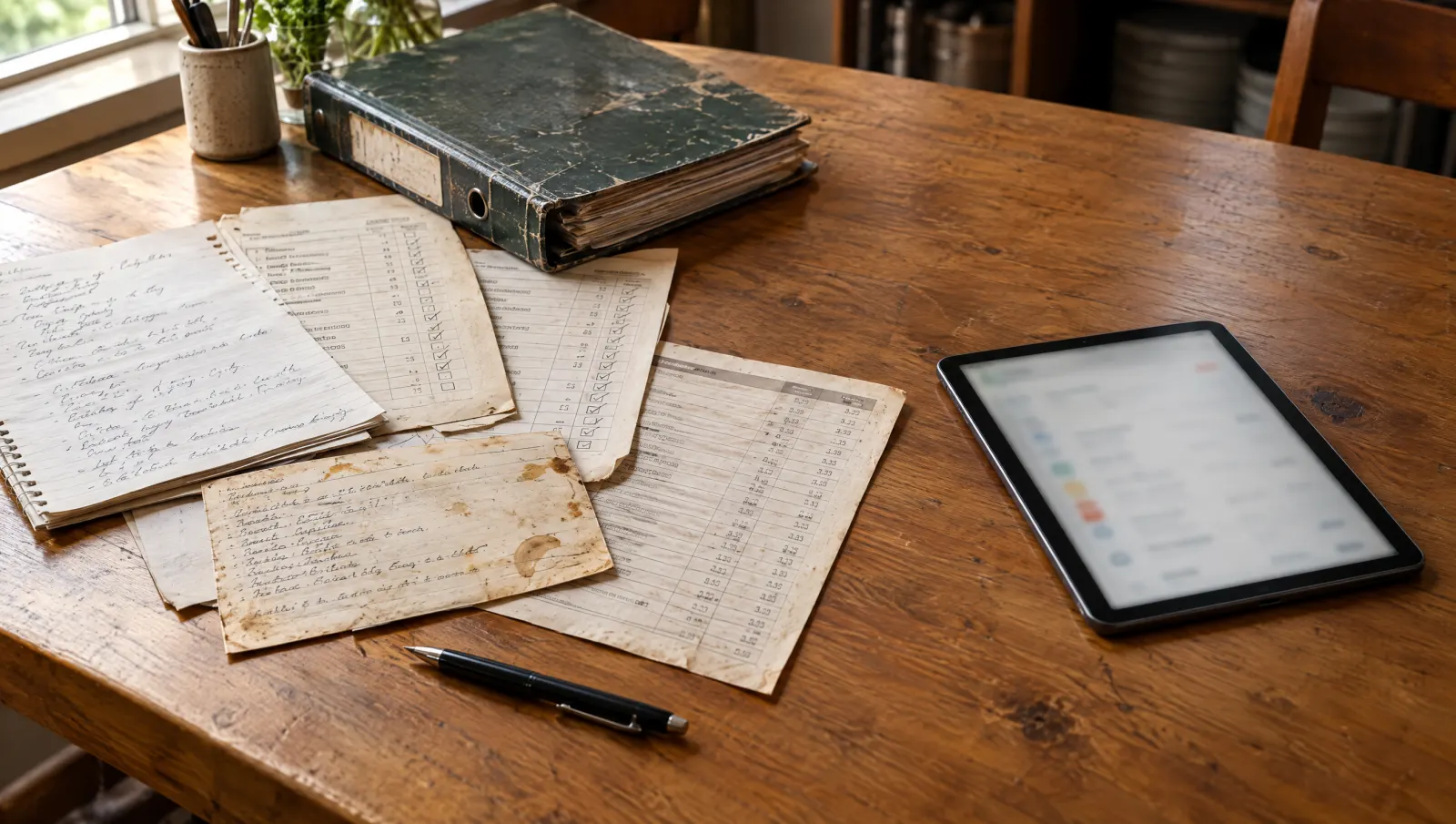 Papiers, classeur et mercuriale d’un côté, tablette de l’autre, sur une table de restaurant.