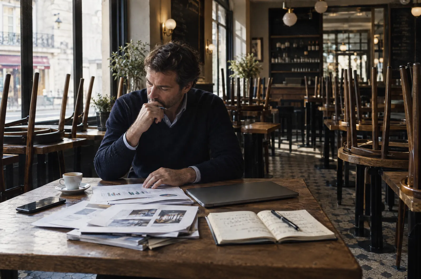 Un dirigeant seul avant l’ouverture, café, téléphone et rapports posés sur la table