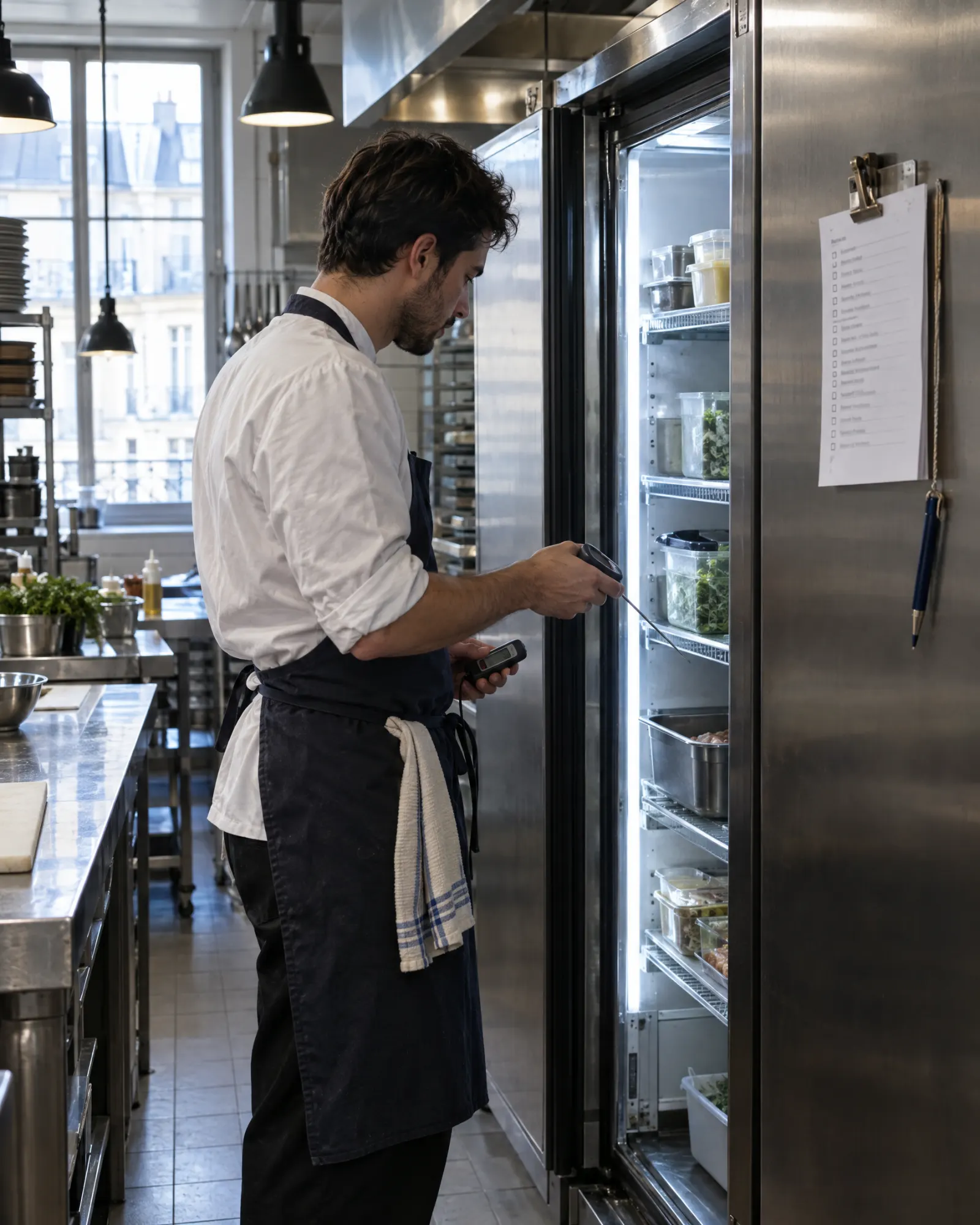 Une personne contrôle un frigo à l’ouverture, la checklist papier posée à côté.