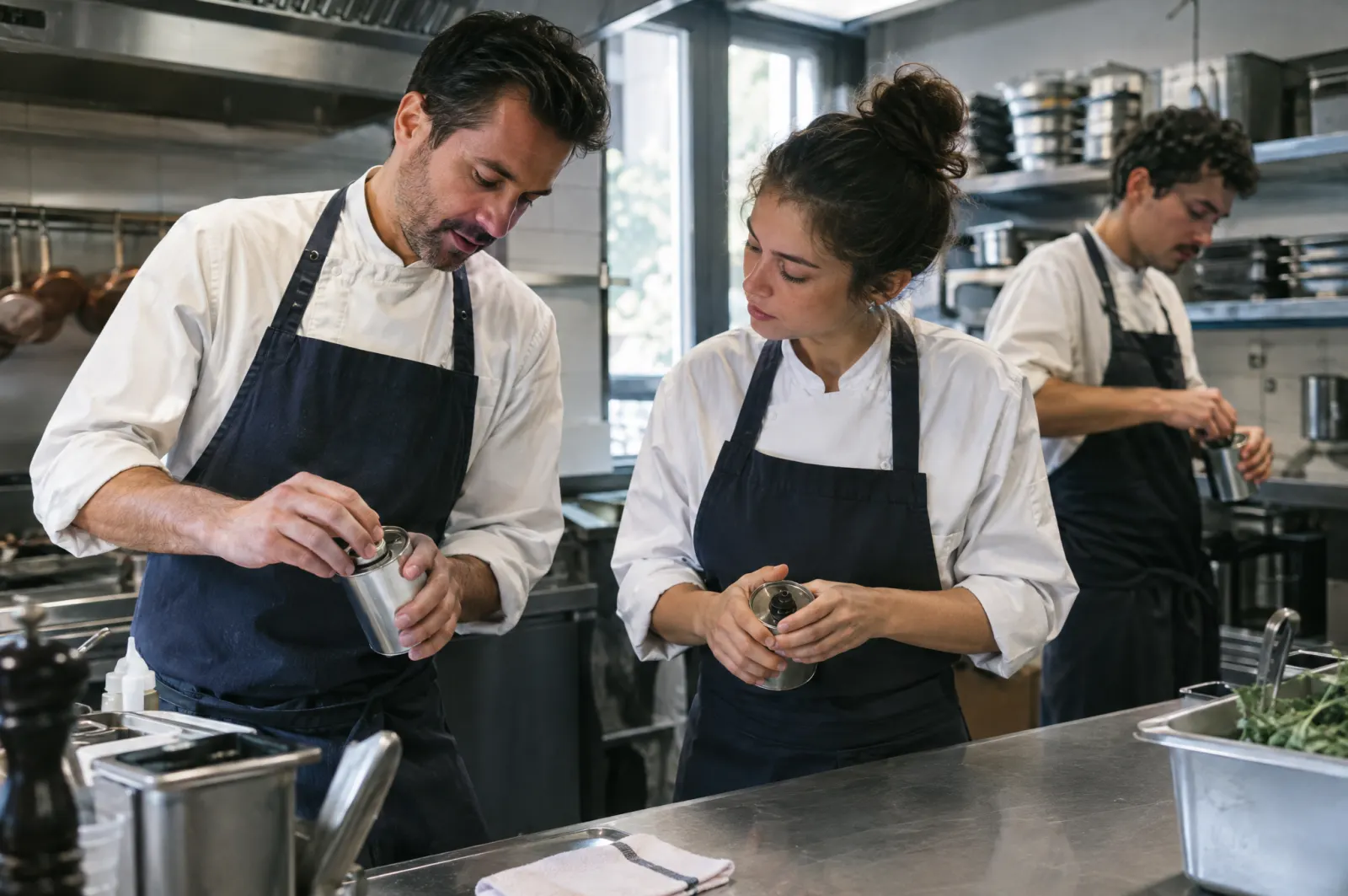 Un manager montre une procédure en cuisine, un collègue la refait un peu autrement.