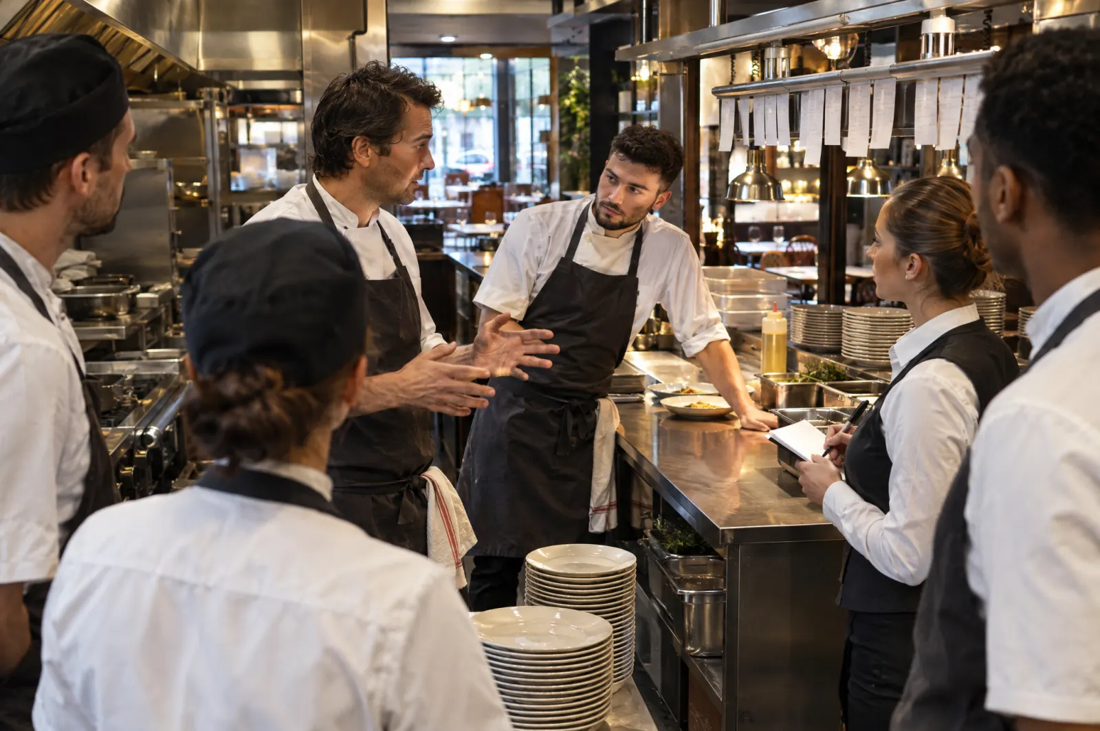 Brief d’avant service au passe : cuisine et salle réunies autour du responsable du site