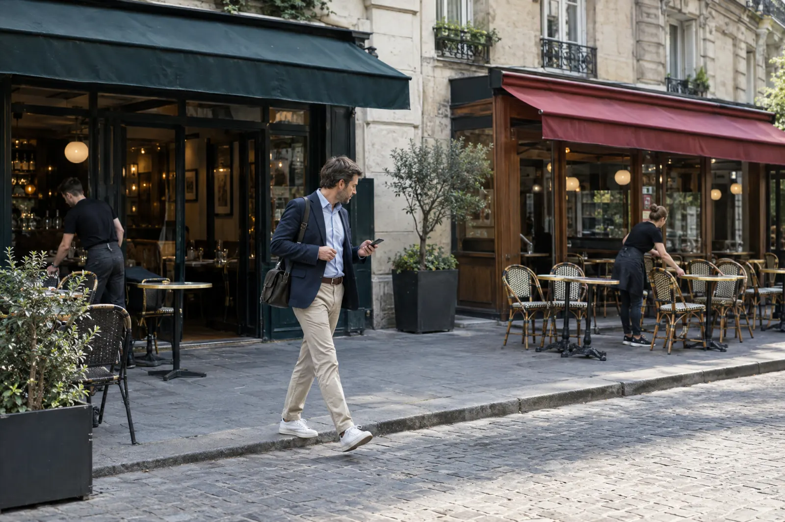 Un responsable de secteur passe d’un restaurant à l’autre, téléphone en main.