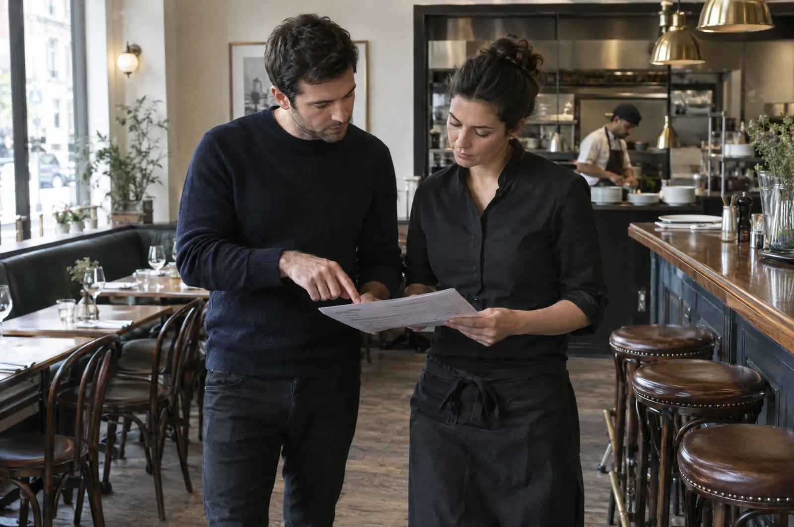 Revue d’une checklist d’ouverture en salle, avec le manager du site.